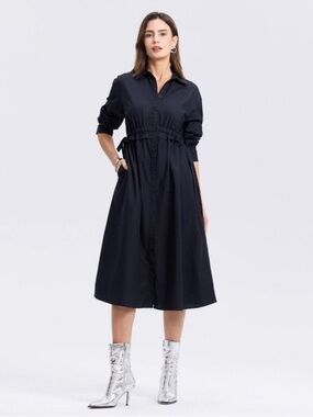 Women’s Long Sleeve Midi Shirt Dress-A New Day- Black Large